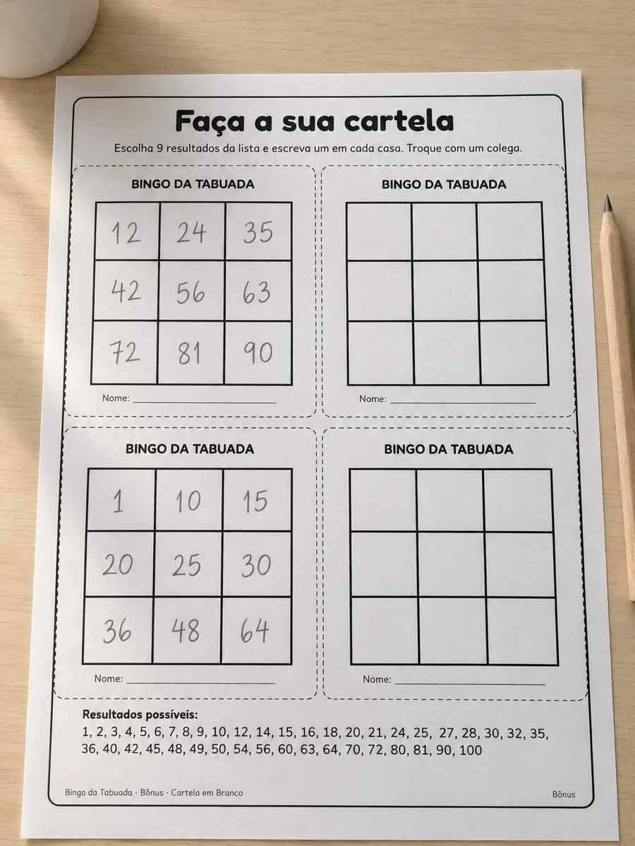 Cartela em Branco impressa sobre a mesa, com duas cartelas já preenchidas a lápis