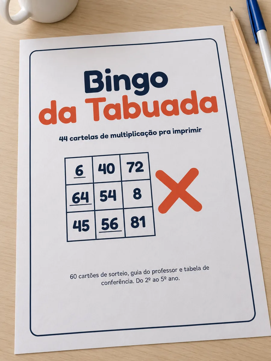 Capa do kit Bingo da Tabuada impressa em A4 sobre a mesa