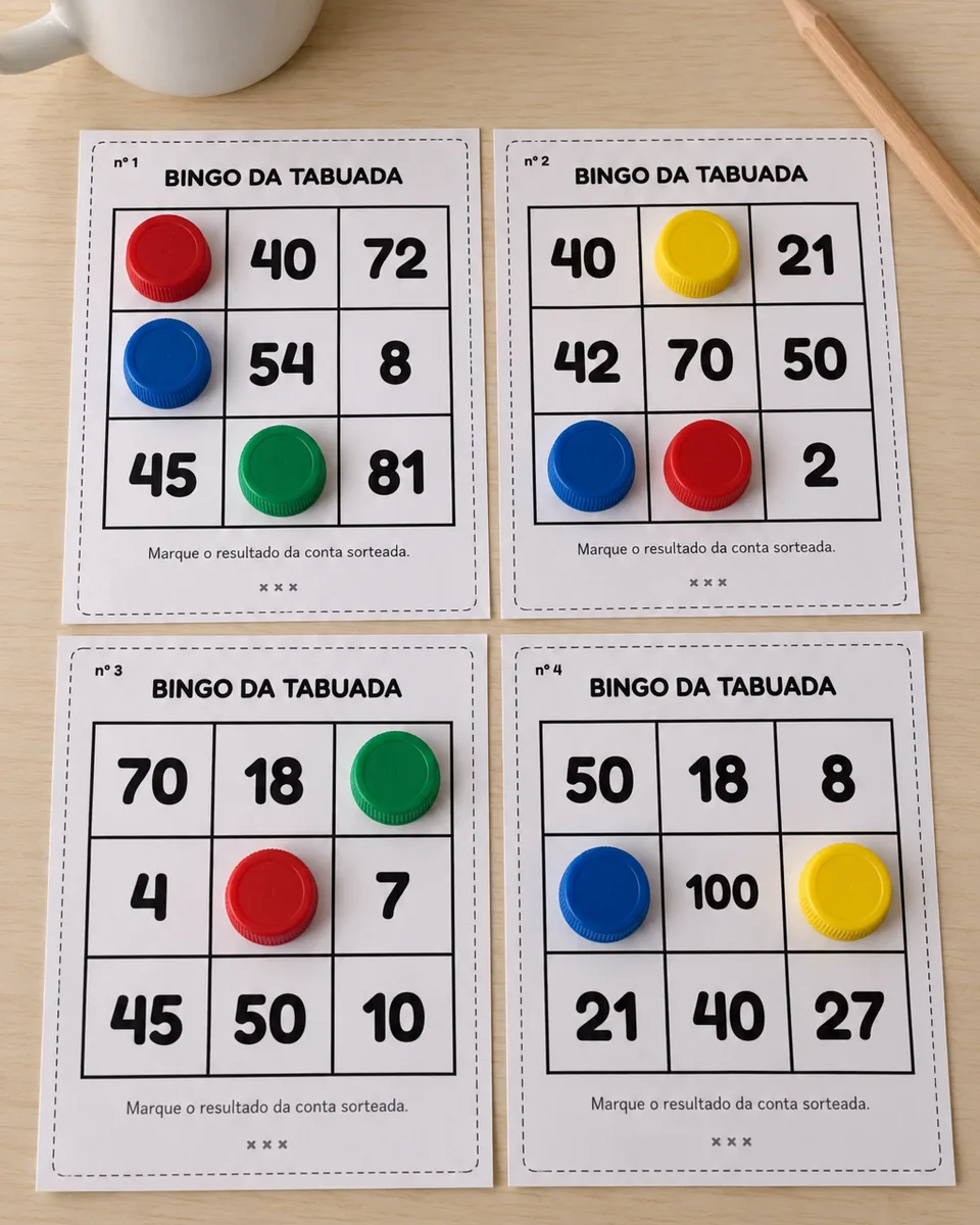 Quatro cartelas de bingo da tabuada recortadas sobre uma mesa, com tampinhas marcando algumas casas