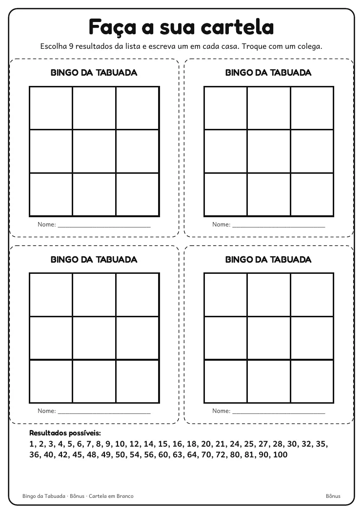 Página real do PDF Bingo da Tabuada: 4 cartelas vazias e a lista dos 42 resultados possíveis
