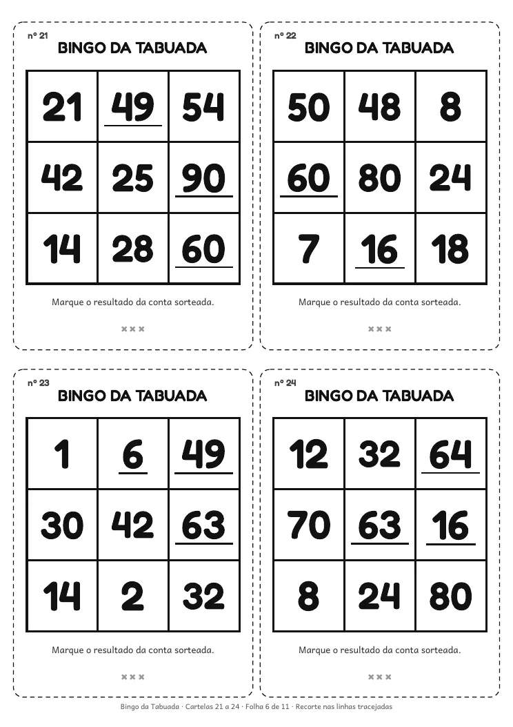 Página real do PDF Bingo da Tabuada: outra folha de cartelas, do meio do kit