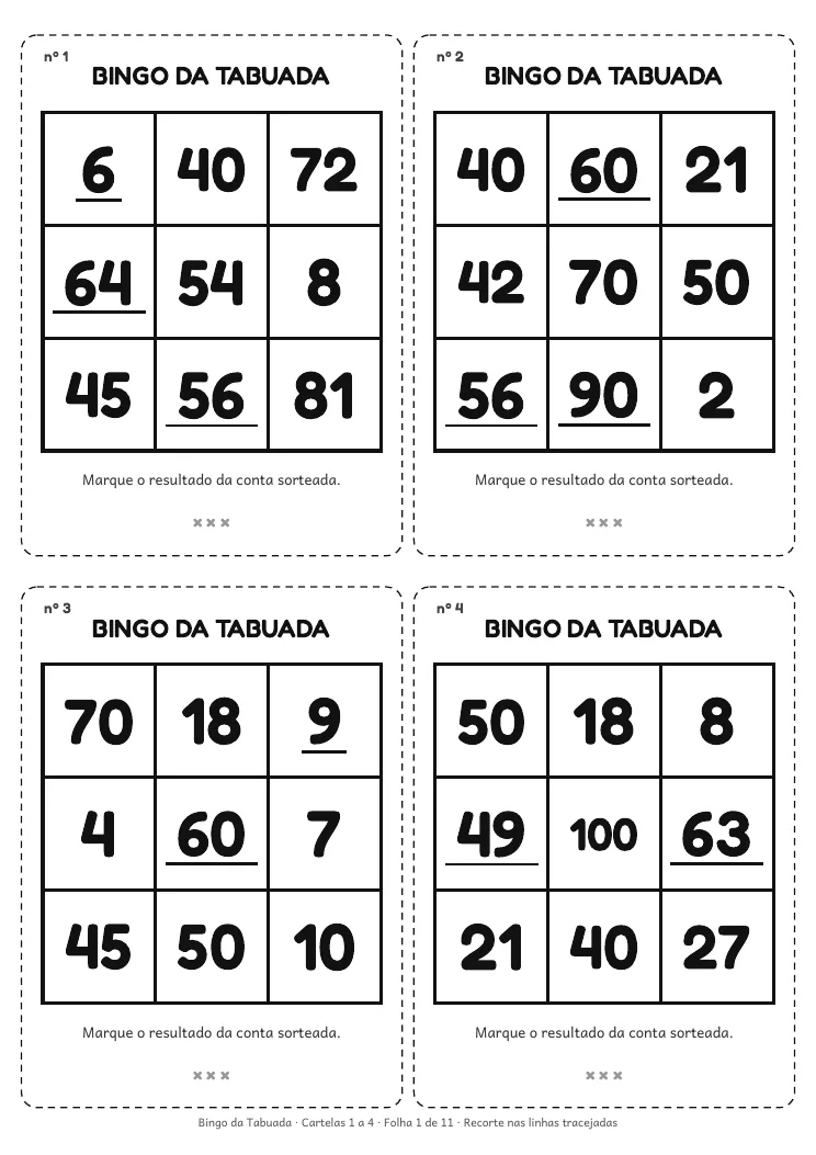Página real do PDF Bingo da Tabuada: folha com quatro cartelas 3×3 de resultados da tabuada