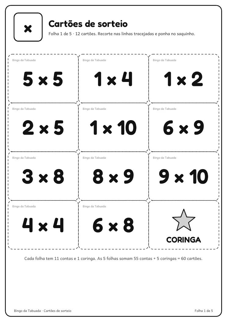 Página real do PDF Bingo da Tabuada: folha com 12 cartões de sorteio com contas de multiplicação