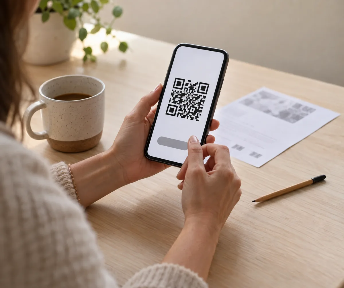 Mãos segurando um celular com um código de pagamento na tela, sobre a mesa de madeira clara, ao lado de uma xícara. Imagem ilustrativa