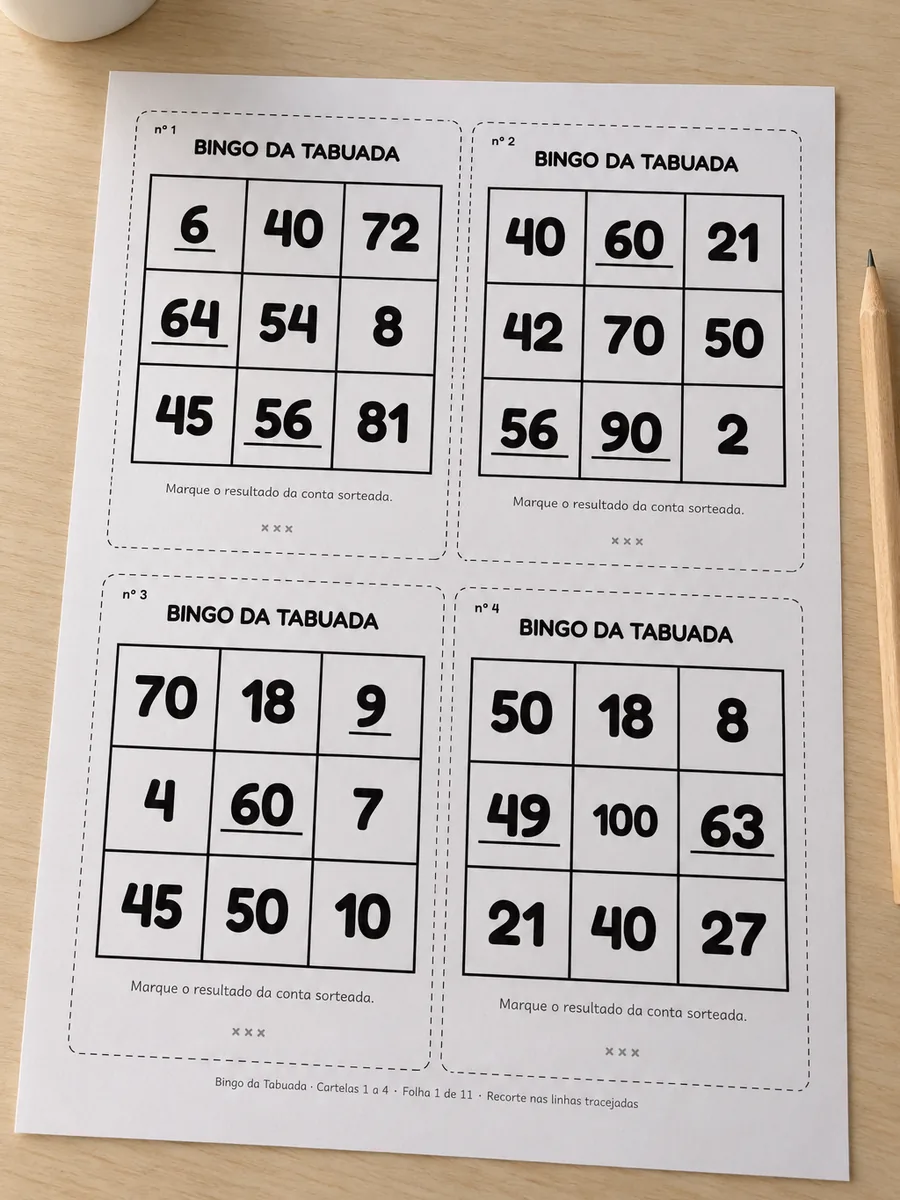 Folha do kit com quatro cartelas 3×3 de bingo da tabuada, impressa sobre a mesa