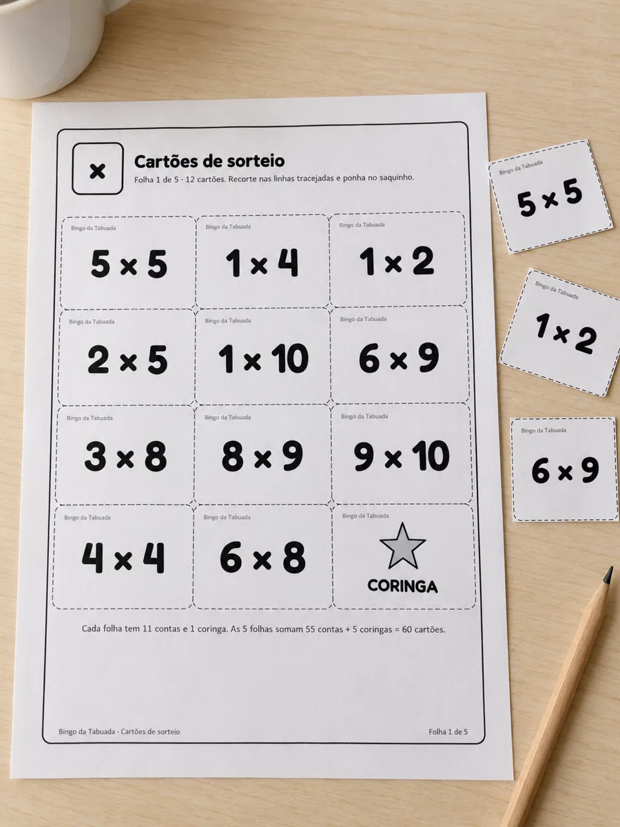 Folha de cartões de sorteio com alguns cartões recortados ao lado